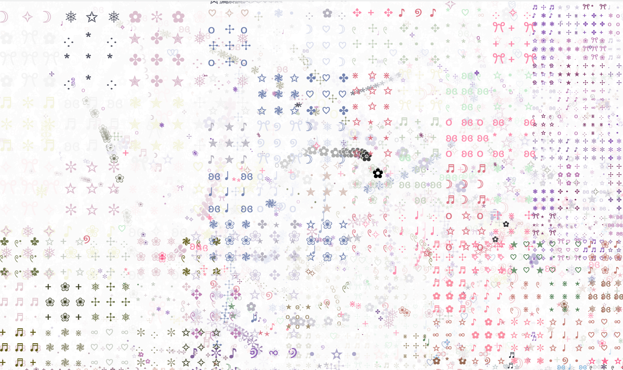A capture of an interactive website covered with glyphs and symbols in regular patterns; an arc of flowers with gradient intensity shows how the movement of the user's cursor affects the content of the site
