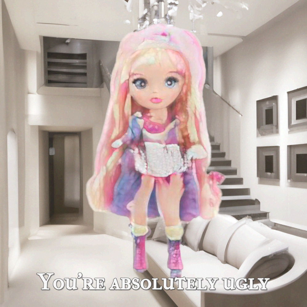 An AI generated doll is pasted into a background image of a high-end living room. Text at the bottom reads like a taunting Instagram comment: "You're absolutely ugly."