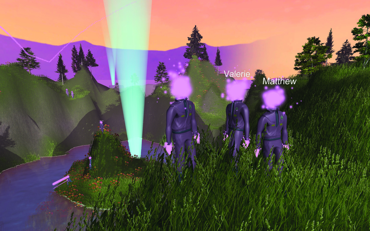 A still from a video game in which three uniformed figures, their heads replaced with lavender mist, stand in a grassy field overlooking a ravine