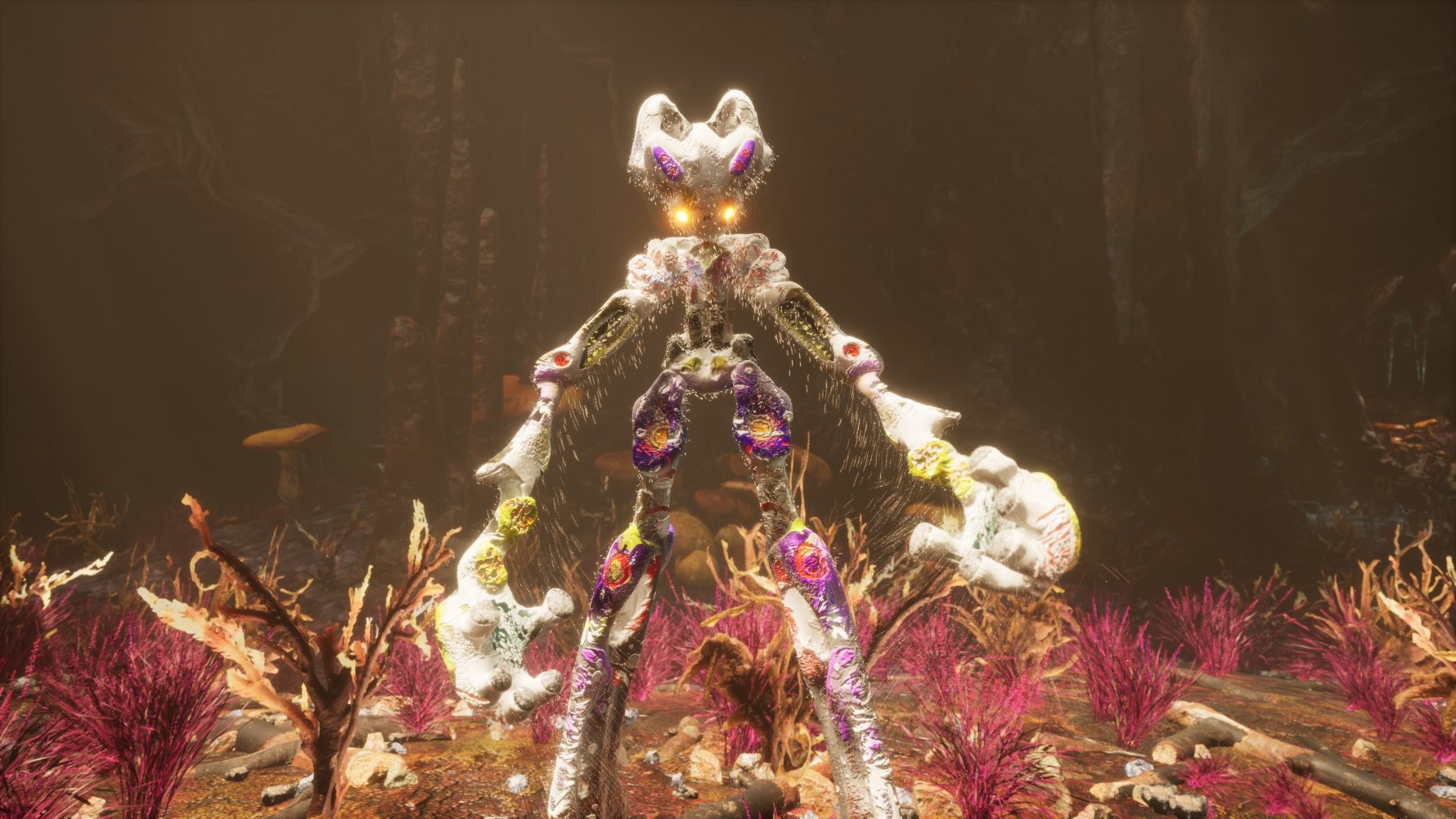 A human figure with oversized hands and a glowing helmet stands in a forest surrounded by low, magenta vegetation