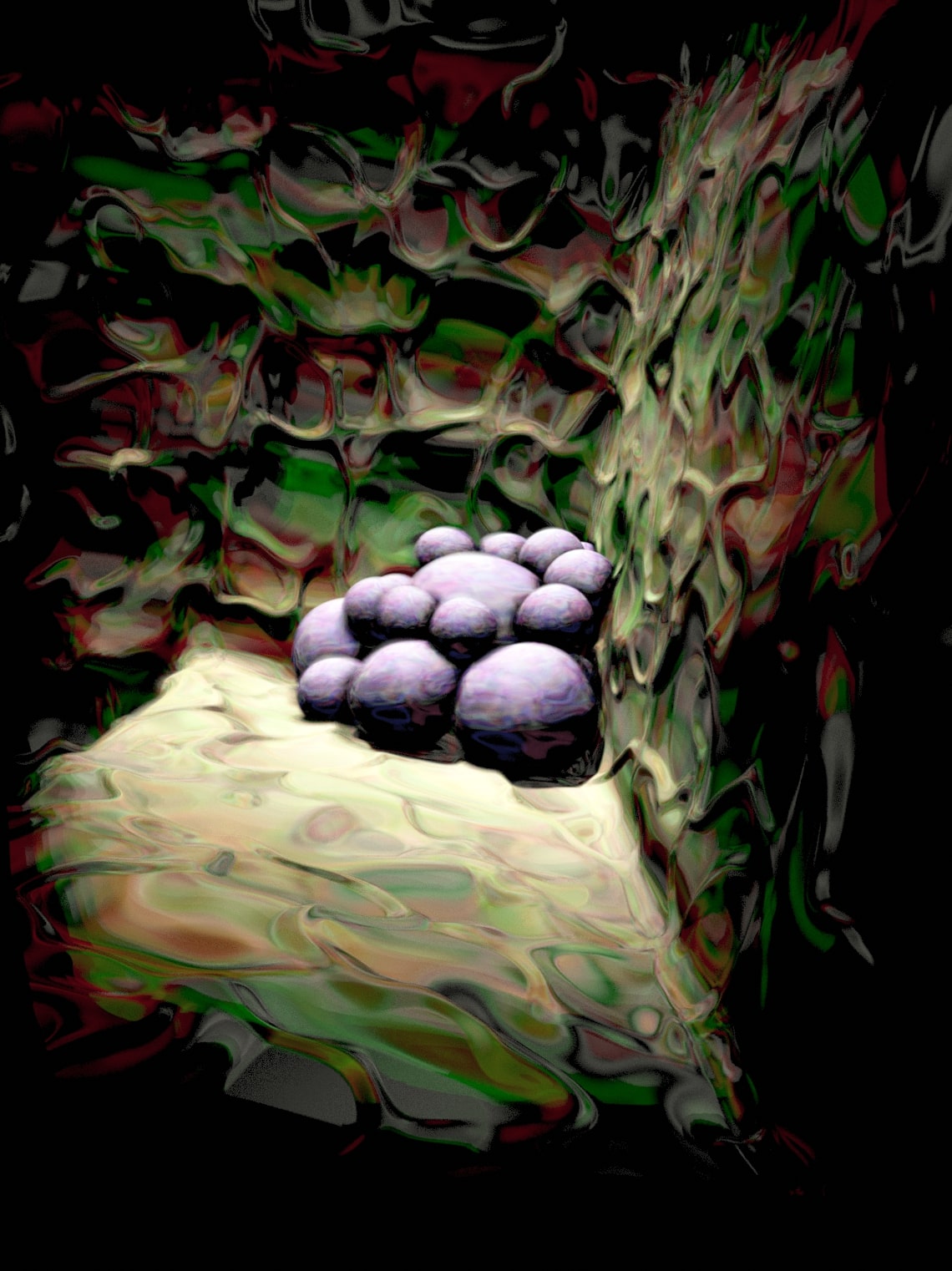 A digital image of a dark room with textured green-brown walls and a mass of purple balls in one corner