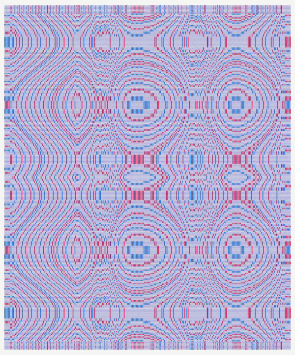 A digital abstract image, with blue, red, and lavendar pixels forming curving patterns with the texture of a weaving
