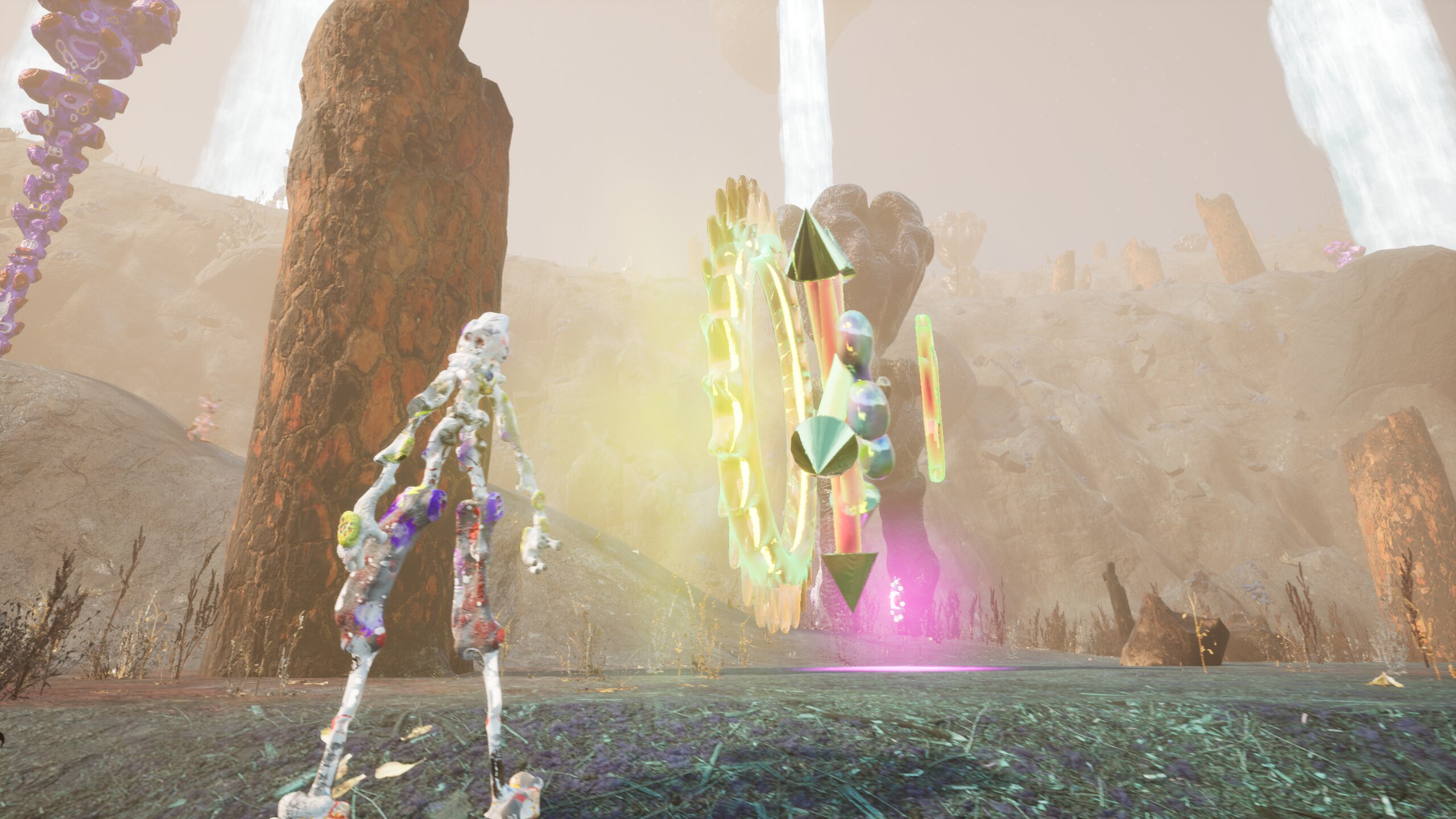 A screenshot from a video game shows the player avatar standing in a canyon. In the background there are rocky pillars and a glowing yellow portal