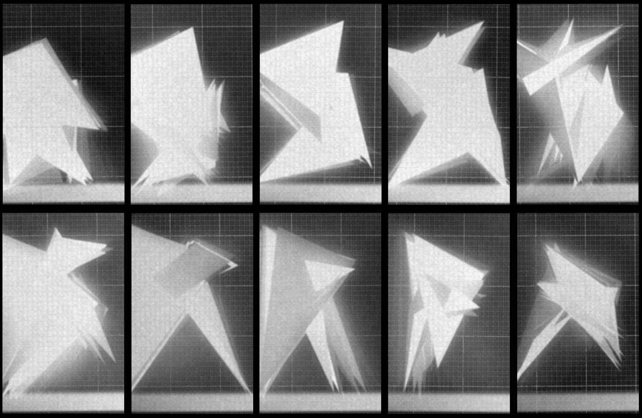 A grid of ten digitally generated images, each showing a cluster of glowing, angular white shapes moving against dark monochromatic grids