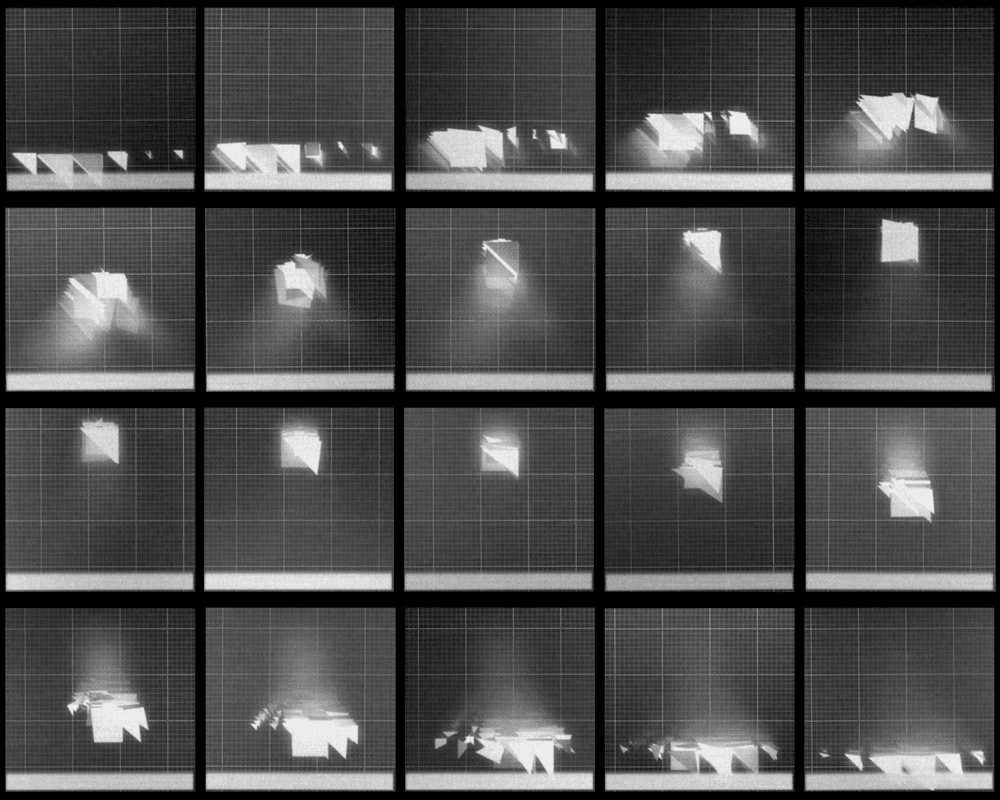 A grid of twenty digitally generated images showing groupings of angular glowing white shapes ascending and descending against a dark monochromatic background