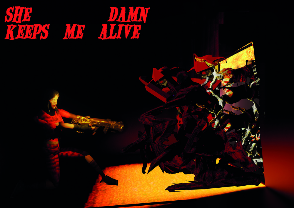 A promotional image for a video game, where a woman points a gun at semi-abstract figures spilling forth from a doorway