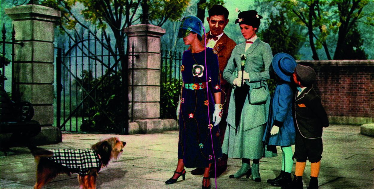 In a digital image, a governess and her charges stand in a courtyard with a woman wearing a strange headset