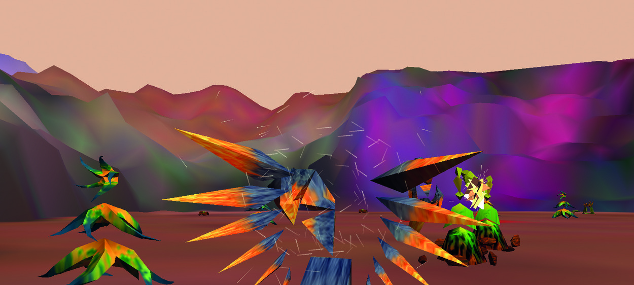 A still from a video game showing a mountainous purple skyline and semi-abstract polygonal figures in the foreground