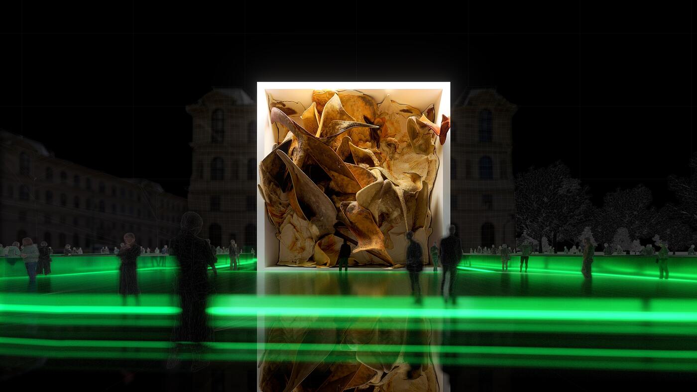 A digital render of an installation view, showing a large screen projection with beams of green light surrounding it