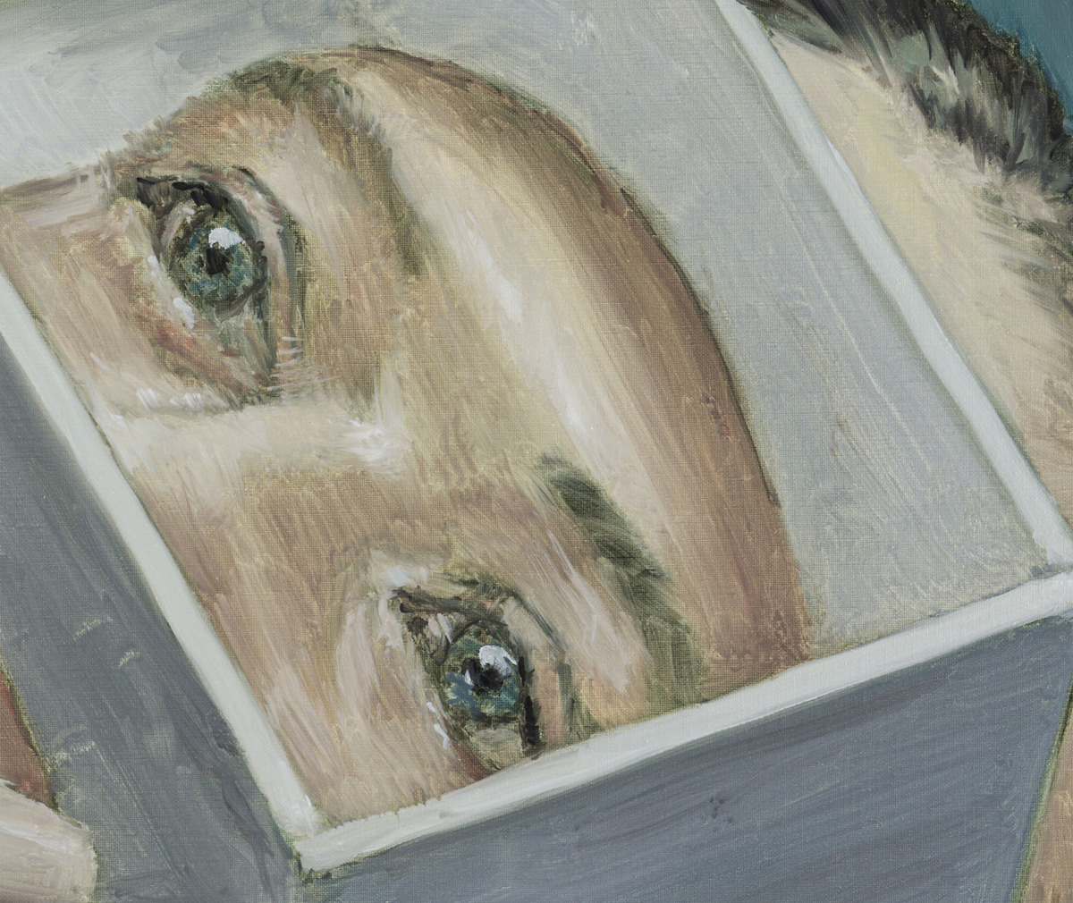 A painting showing a person's eyes and eyebrows on the surface of what appears to be a box