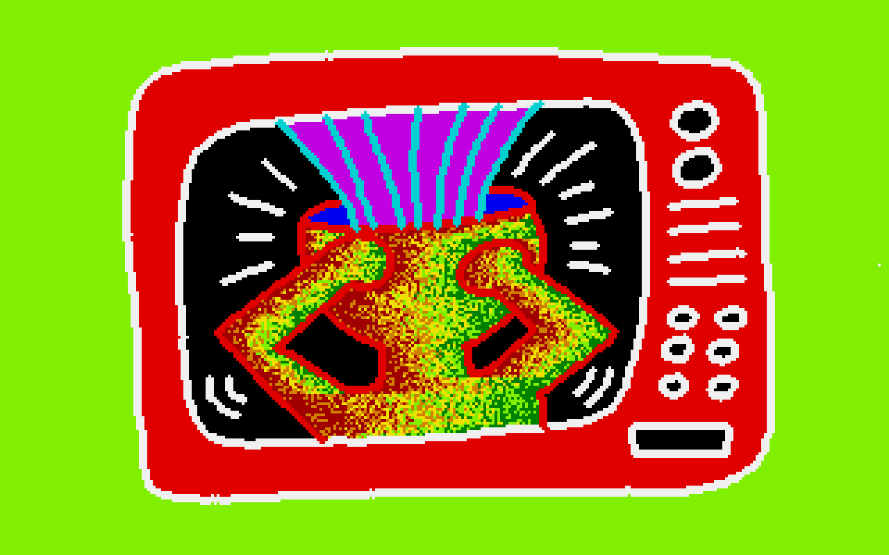 A digital drawing of a red television set showing a figure holding its head as purple rays flow from an opening in the top