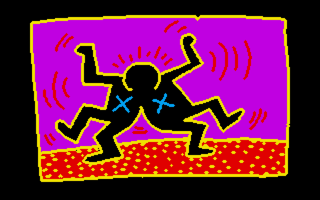 A digital drawing of two black figures, connected at the head, performing a frenetic dance on a red field with yellow spots