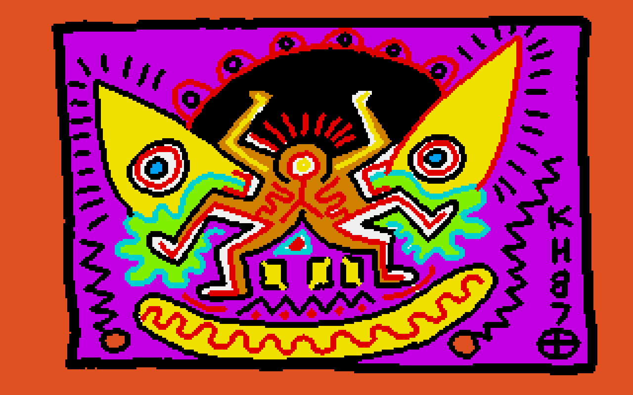 A digital drawing with schematic orange figures dancing against a design in yellow, red, and purple