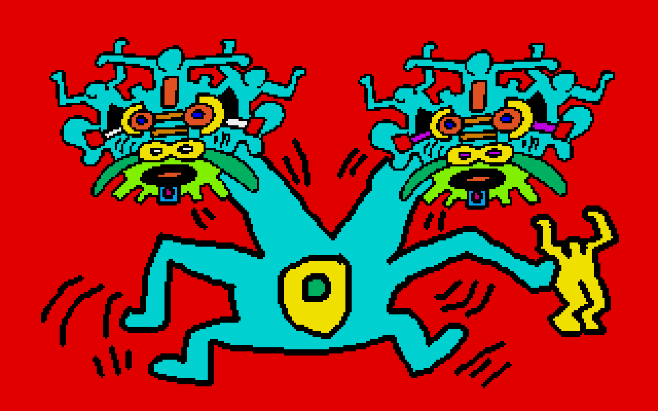 A digital drawing of a two-headed blue dragon, with human figures emerging from both heads. One of the dragon's limb lifts a yellow human figure