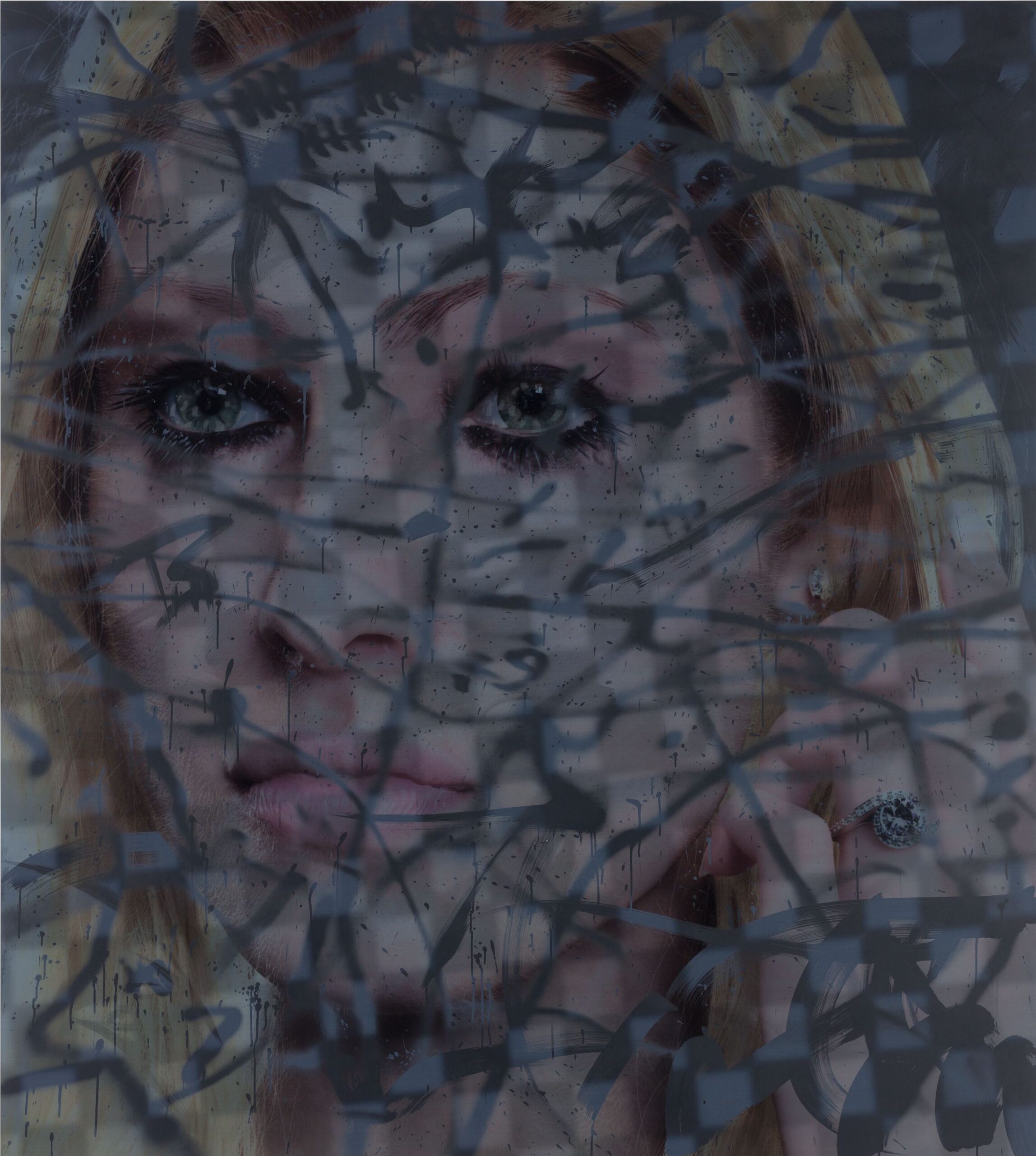 a digital image of a blonde, blue-eyed young woman covered in gray scribbles