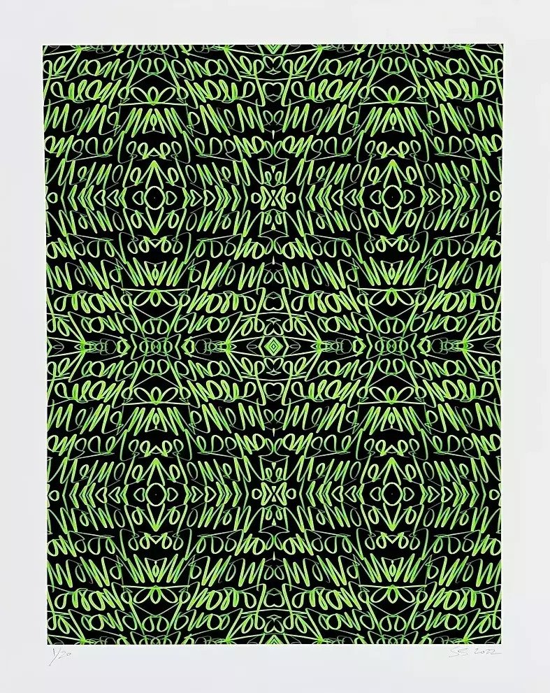 A portrait-oriented page with green patterns on a black background