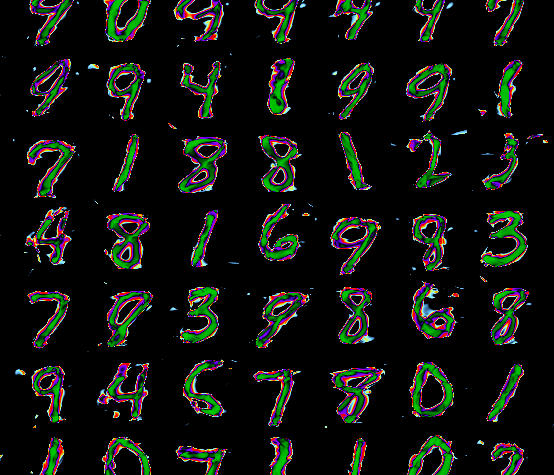 A grid of numbers written in green with iridescent coloring around their borders; their forms are wobbling and uneven