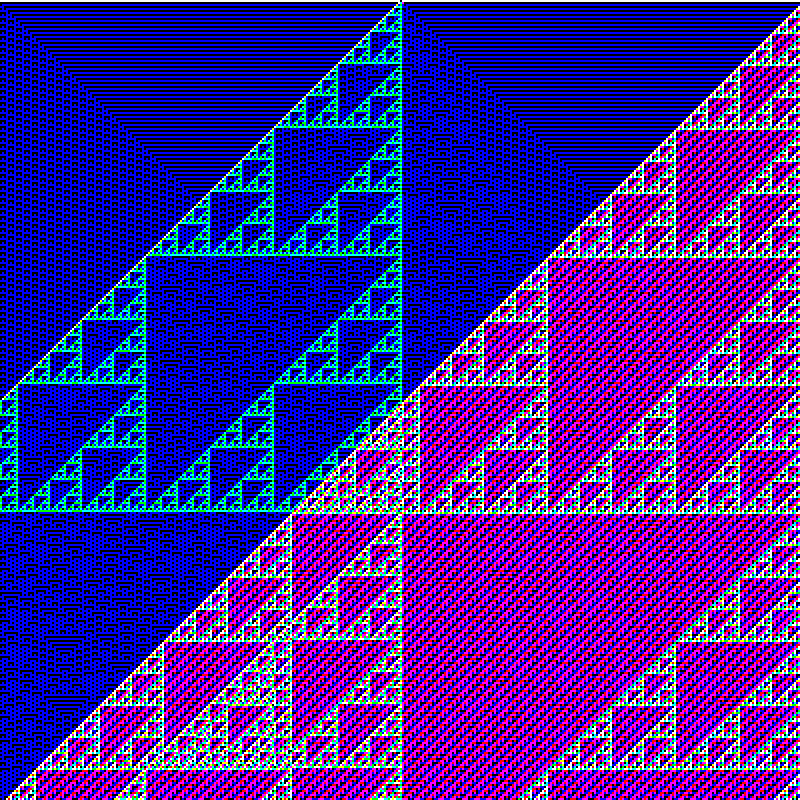 An abstract digital compositoin of triangles of varying sizes, forming interlocking patterns in pink, blue, and cyan