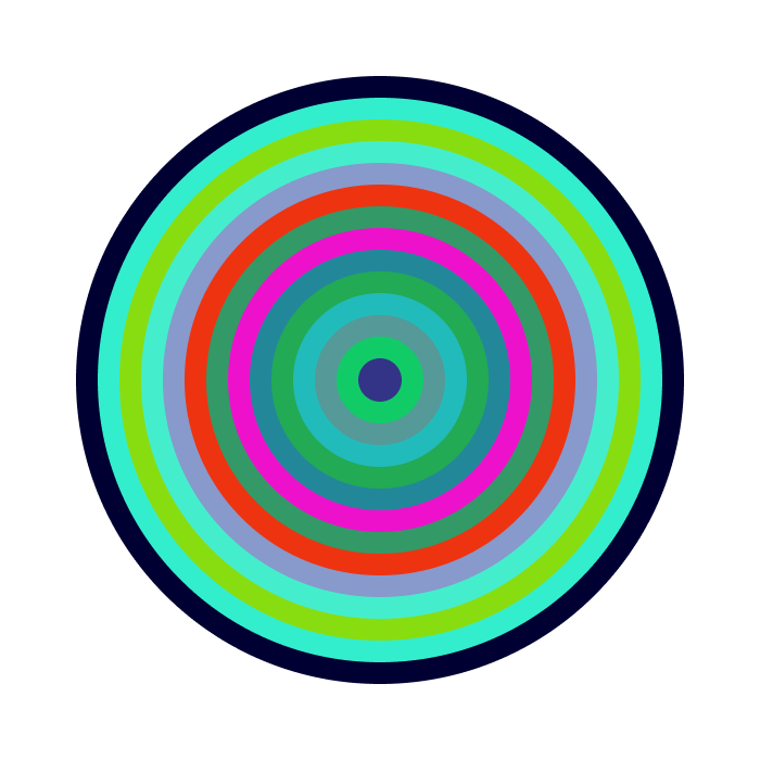 A group of concentric circles in shades of green, red, and pink