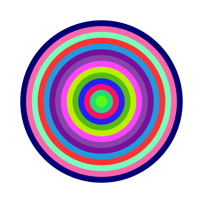 A group of concentric circles in shades of green, red, and purple