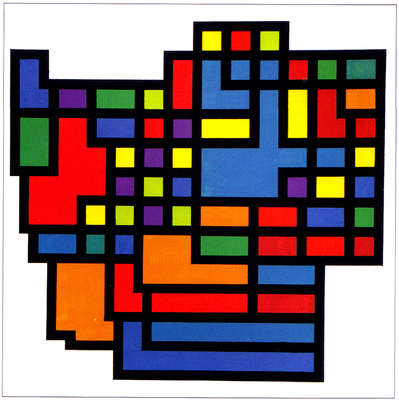 An abstract composition comprising quadrilaterals of varying dimensions in bold colors from across the spectrum