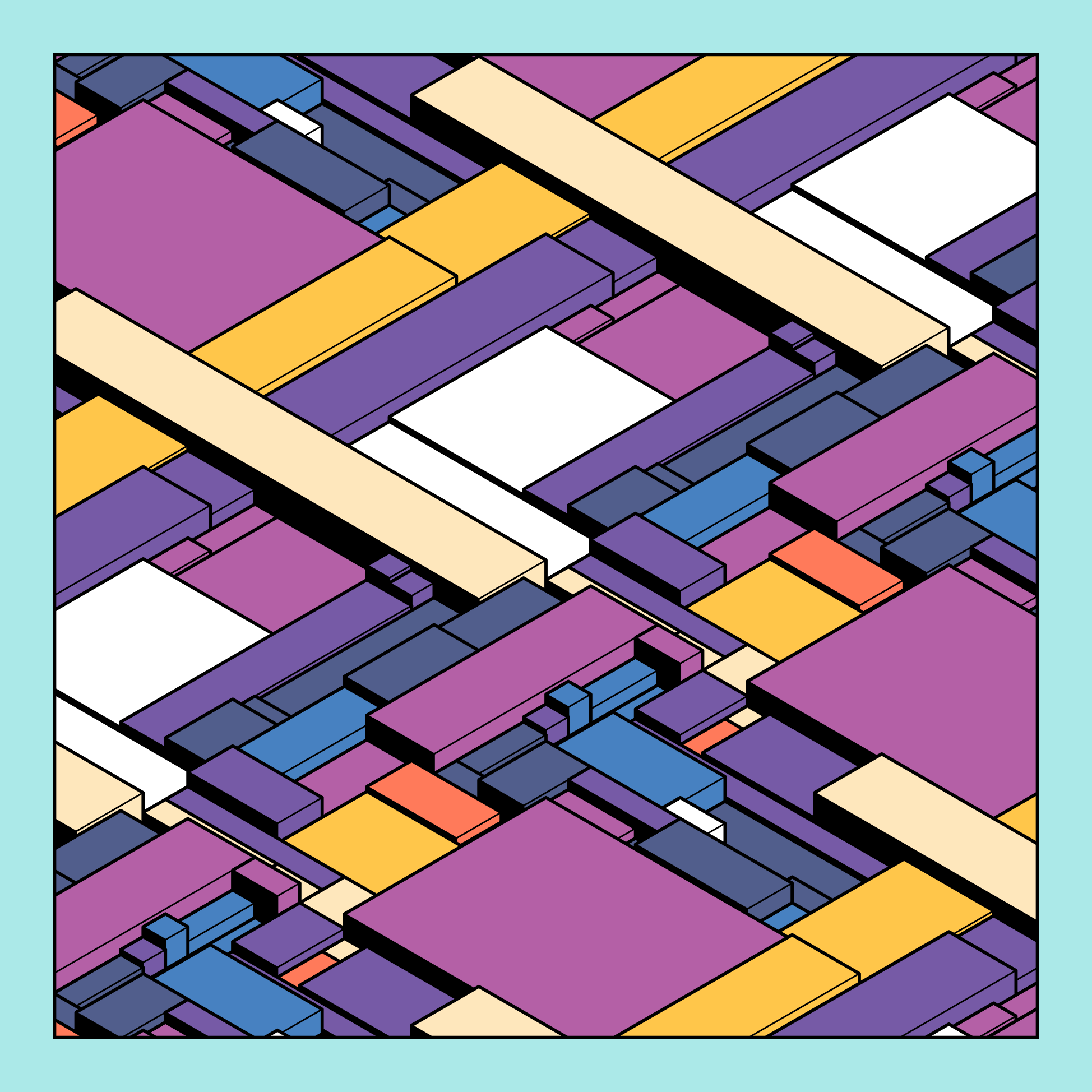 An abstract digital composition of quadrilateral volumes in shades of purple and yellow