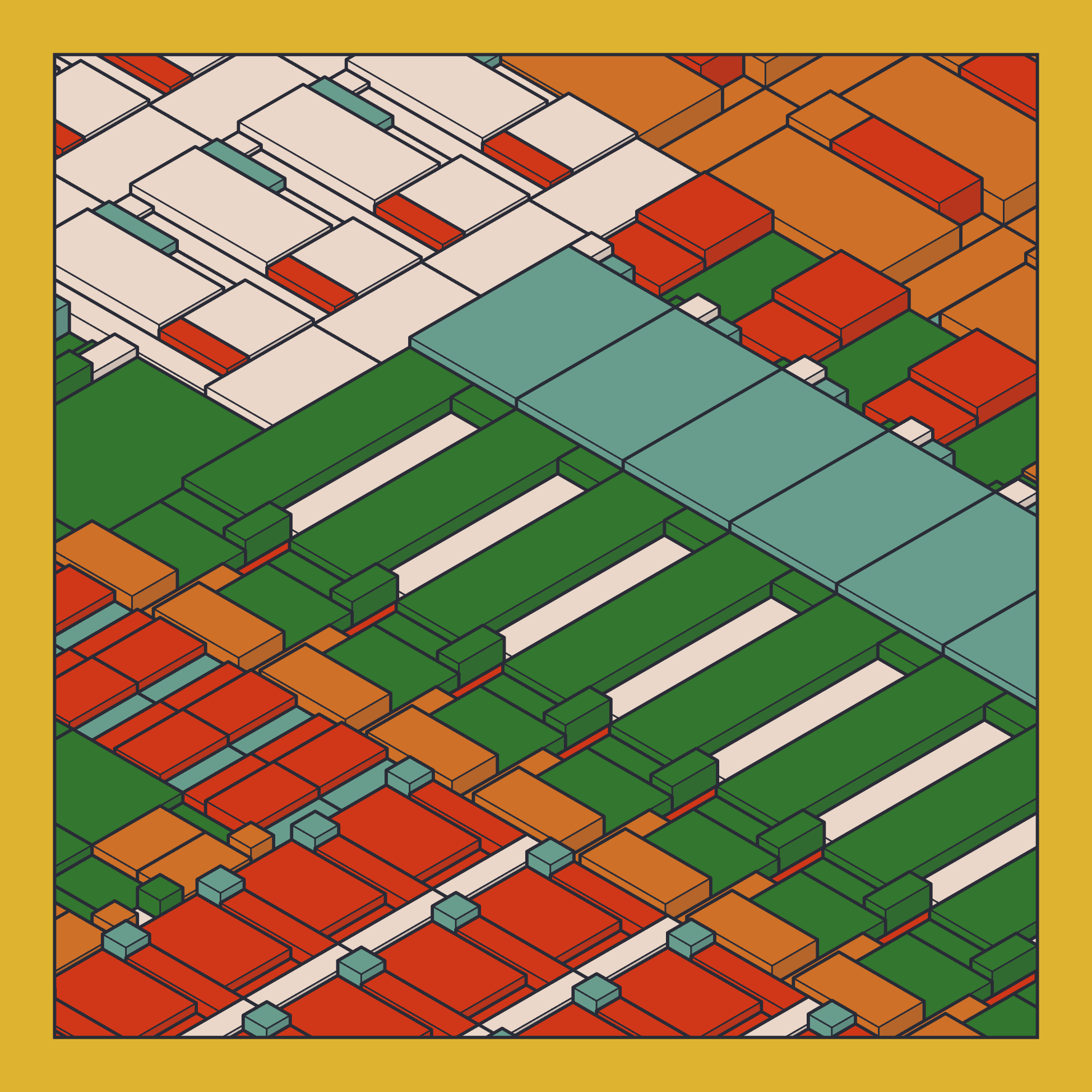An abstract digital composition of quadrilateral volumes in shades of red, green, and orange