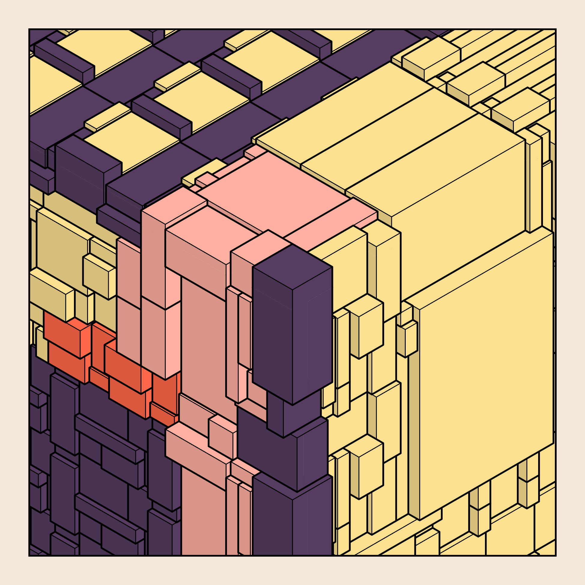 An abstract digital composition of quadrilateral volumes in shades of purple, pink, and yellow