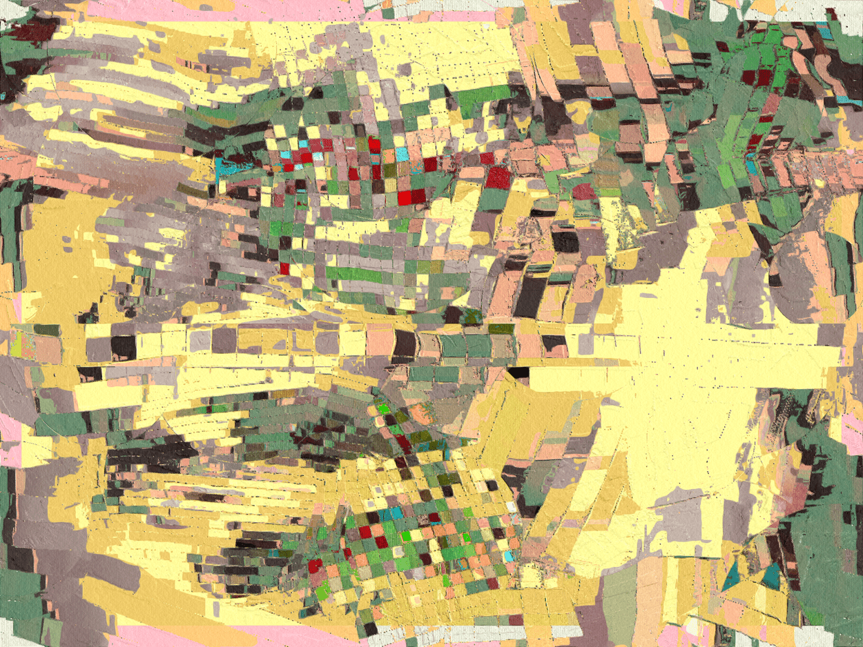 A digital abstract composition composed of a distorted grid,its squares colored yellow, green, and mauve