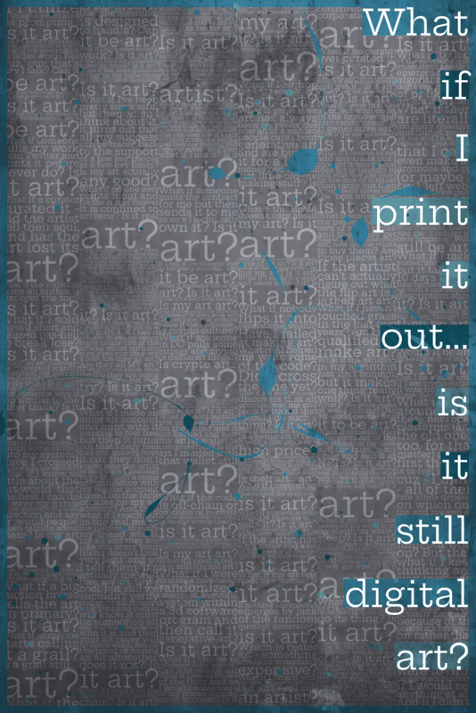 A dark gray digital composition overlaid with text about the artistic status of an algorithm