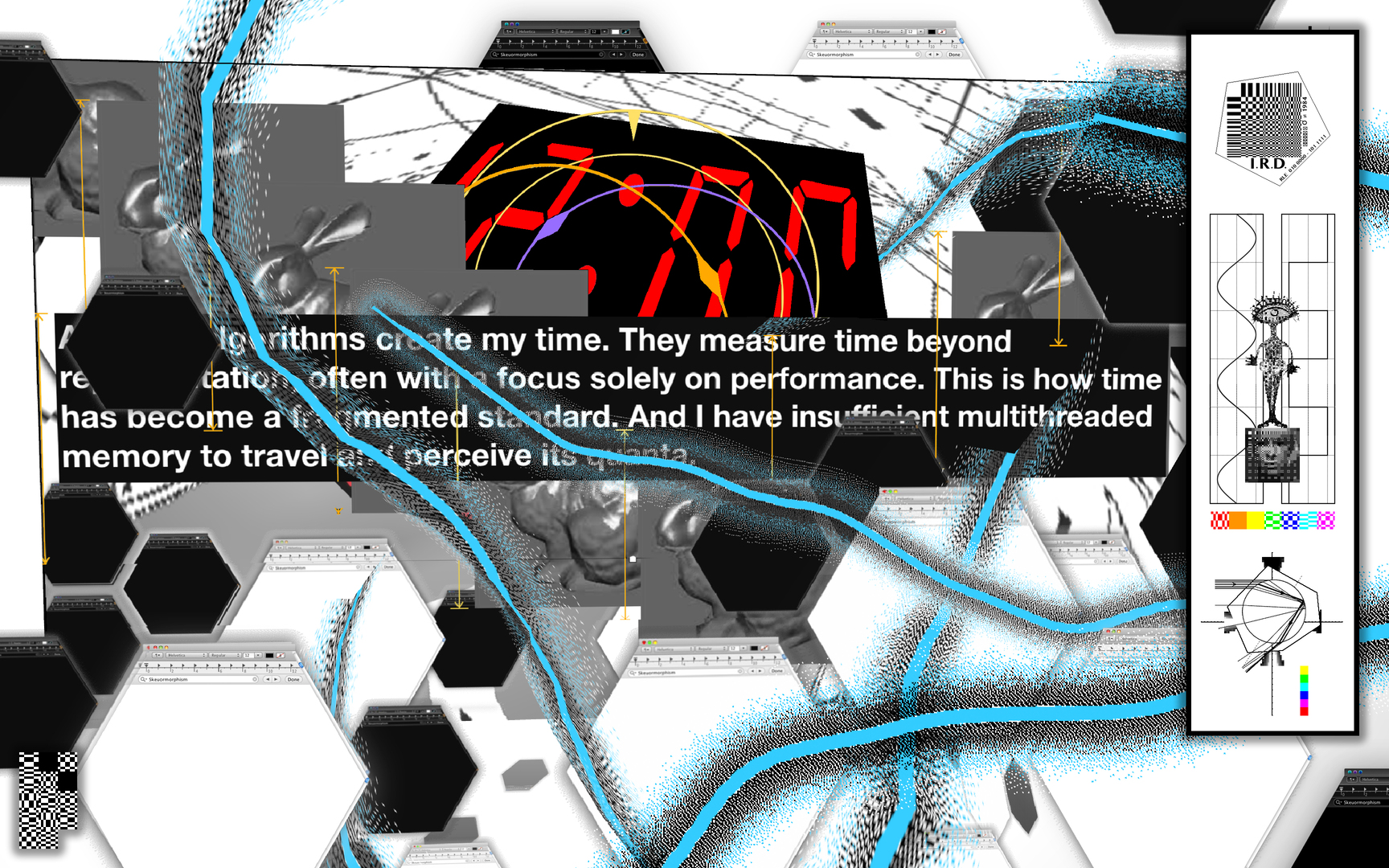 A black and white digital collage with lots of hexagons, text, blue scribbles, and a block of text about time and algorithms that is partially obscured