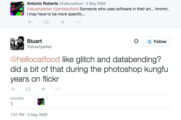 A screenshot of the Twitter thread where Antonio Roberts came across the term databending for the first time