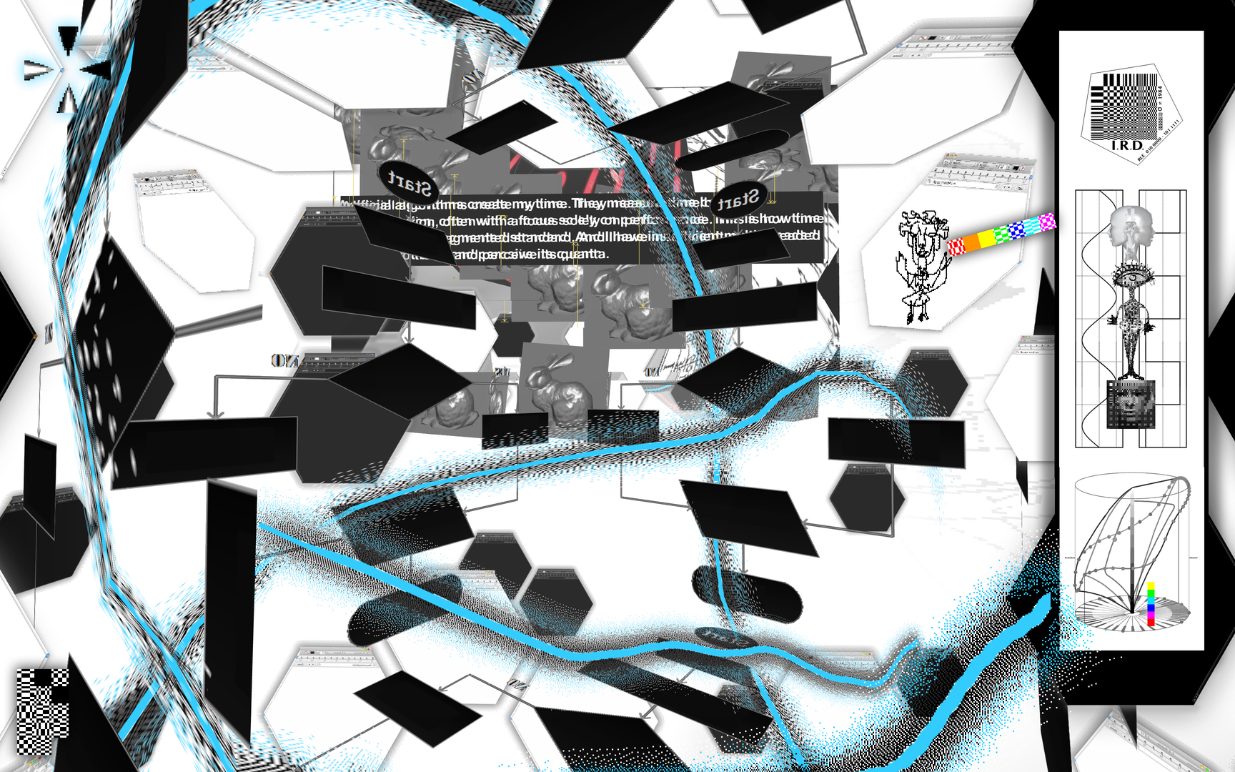 A glitchy black-and-white digital collage with text and pale blue scribbles