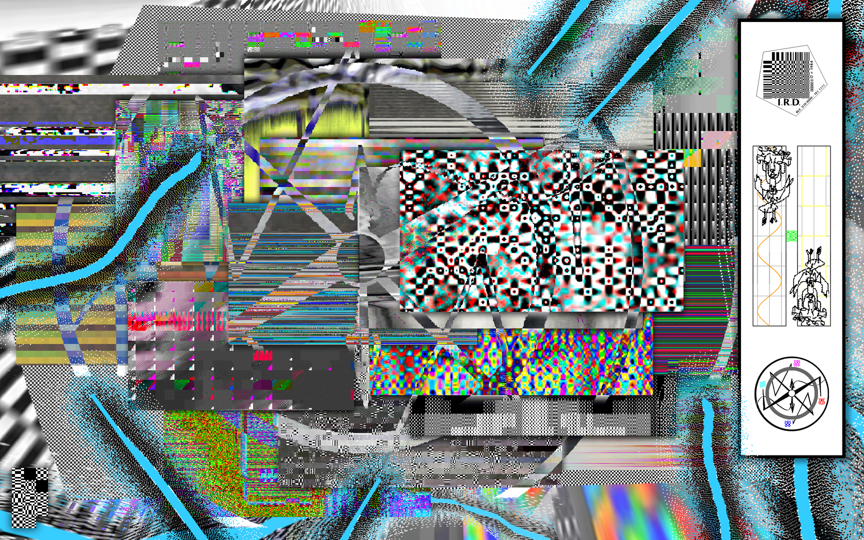 A glitched-out black and white digital college with blue scribbles running across it