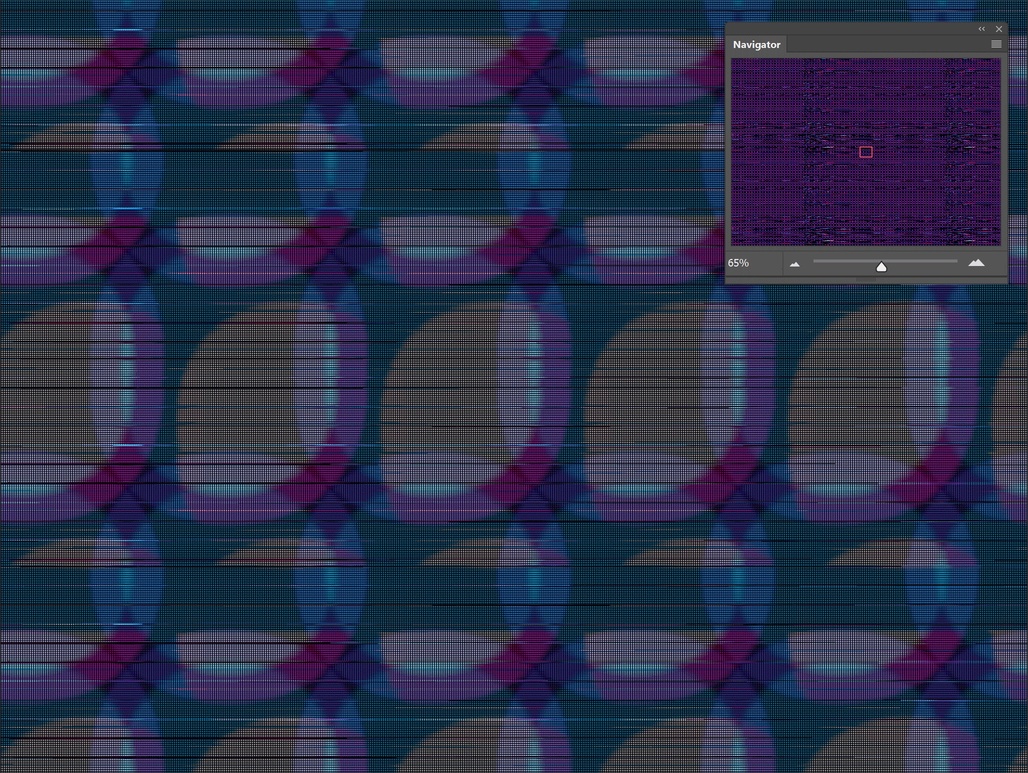 A screenshot of an abstract image made up of geometric shapes in blue, purple and black, with a navigator showing the full image in the top right corner