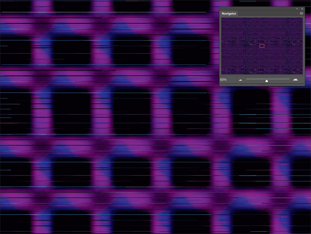 A screenshot of an abstract image made up of black rectangles against a purple and blue background, with a navigator showing the full image in the top right corner