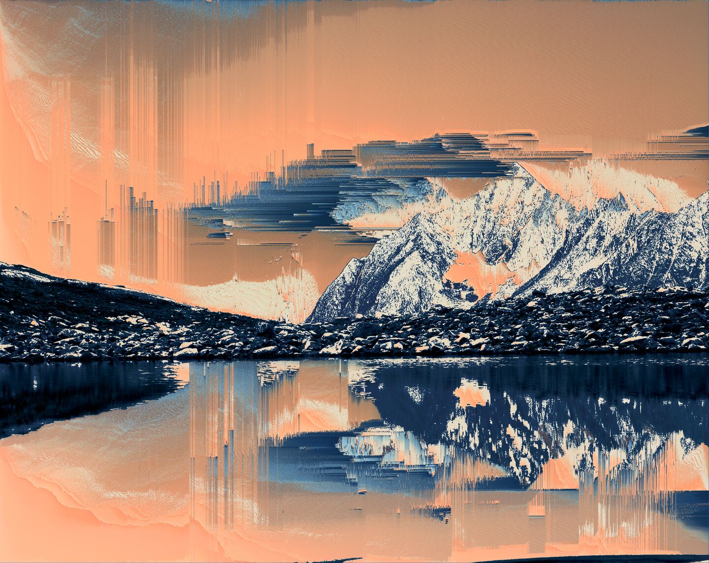 A glitchy image of a mountain range, in oranges and blues