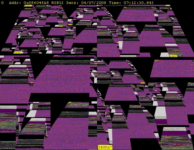 A screenshot of a glitching screen with a black backdrop and purpleish forms