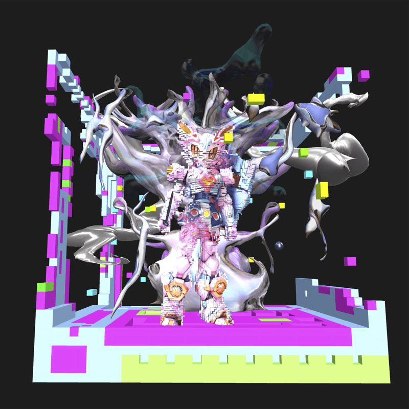 A digital image of a robot, assembled from visibily angular voxels, surrounded by more fluid forms in gray, atop a boxy purple and blue platform