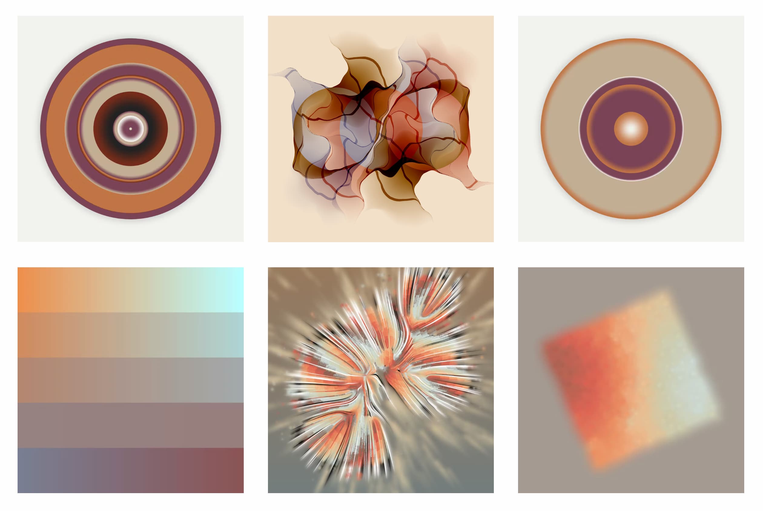 Six works of digital art, all in muted tones with touches of iridescence, arranged in two rows