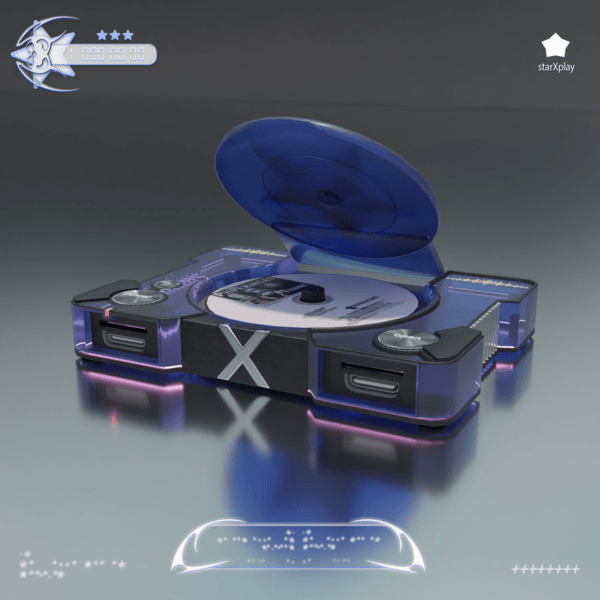 A rendering of a fictional device, with a space for holding a disc as well as other ports and inputs, cased in translucent blue plastic
