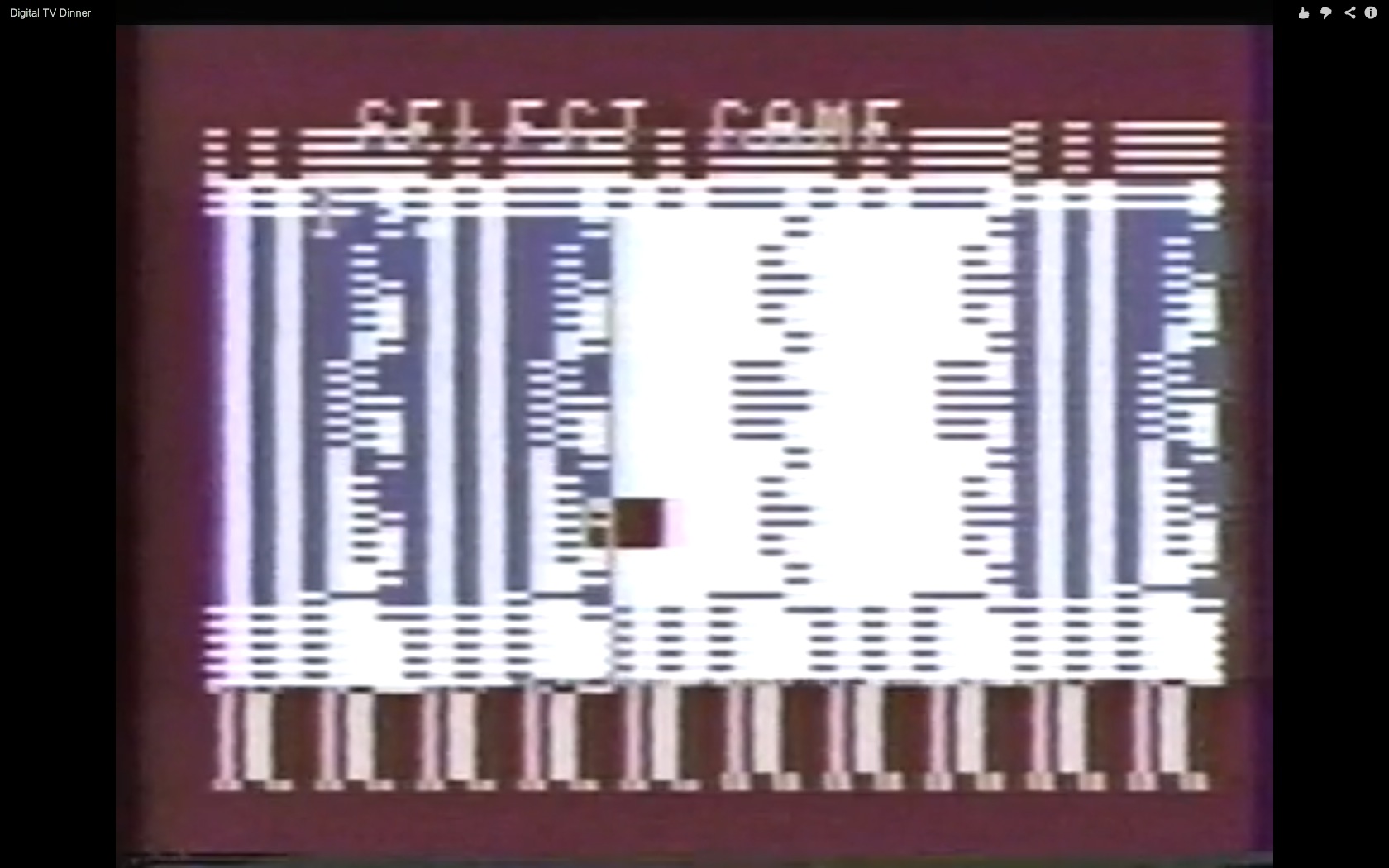 A screen capture of a video game screen that is glitching, with the words SELECT GAME visible at the top of screen