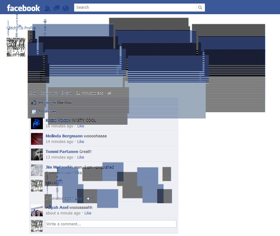 A Facebook post with comments, partially obscured by a series of glitches consisting of blue and gray rectangles