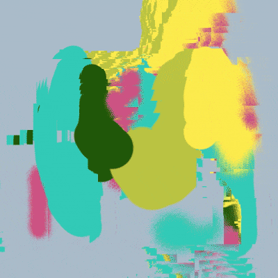 An animated abstraction of yellow, green, and pink strokes jostling against a gray background