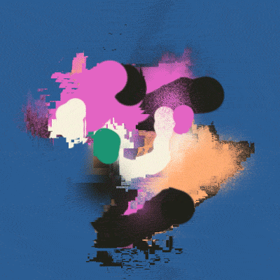 An animated abstraction with black, peach, and pink strokes jostling against a blue background