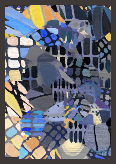 A digital abstract compotion of an uneven grid, featuring fields of black, blue, and yellow