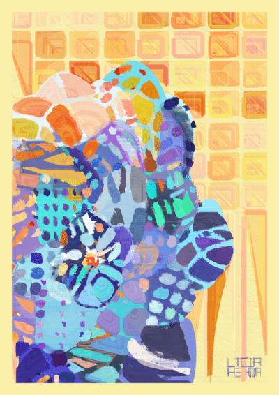 A digital abstract painting with bold blues and purples against a grid of yellow and orange