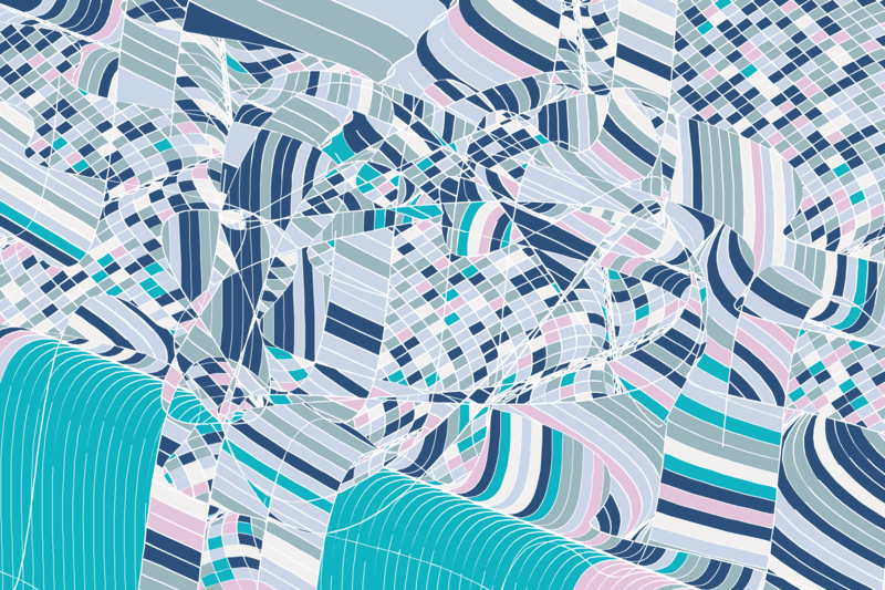 A mosaic-like digital abstraction in shaddes of blue and pink with white lines