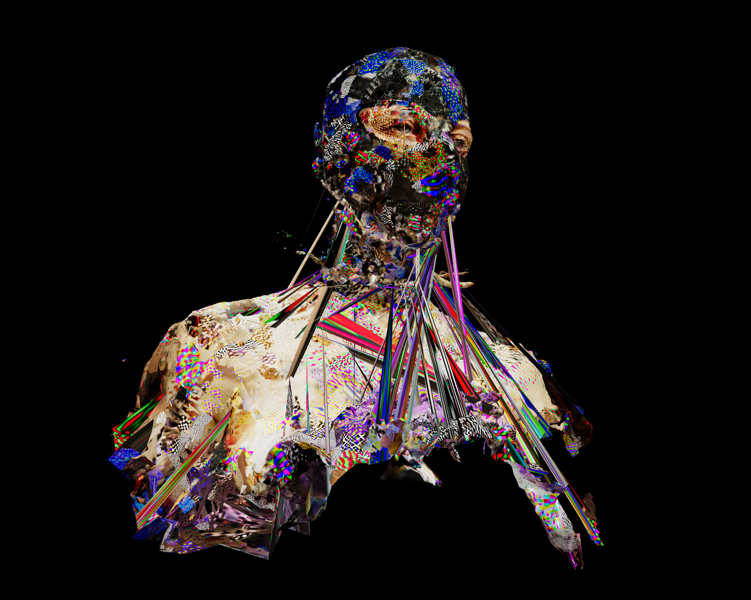 A glitchy image of a human figure from the chest up, against a black background