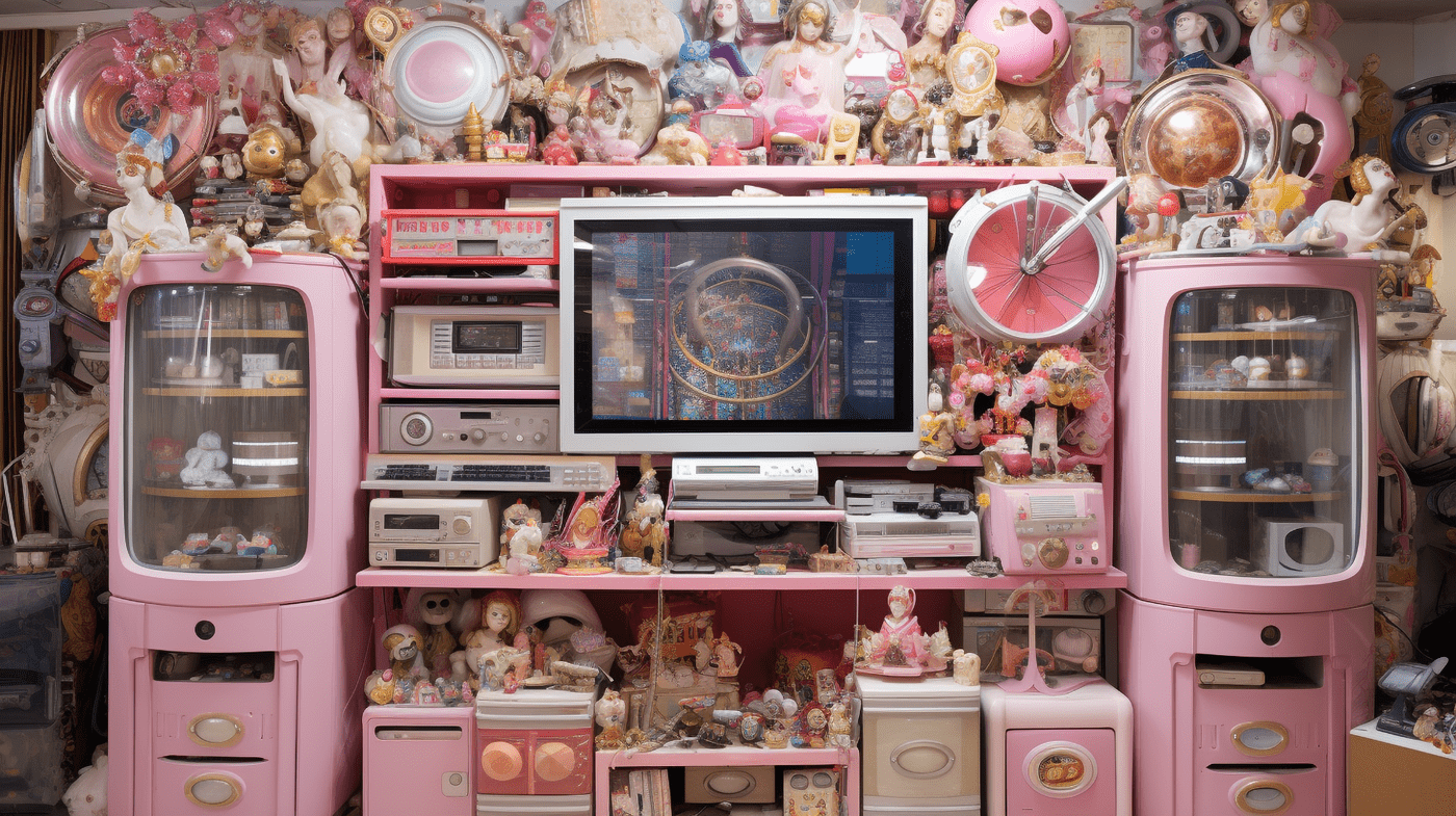 A digital image of a flea market, where a pink console is piled and stuff with dolls, knickknacks, and electronics